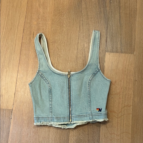 Aviator Nation Tops - Aviator Nation Light Blue Denim Zip-Front Cropped corset